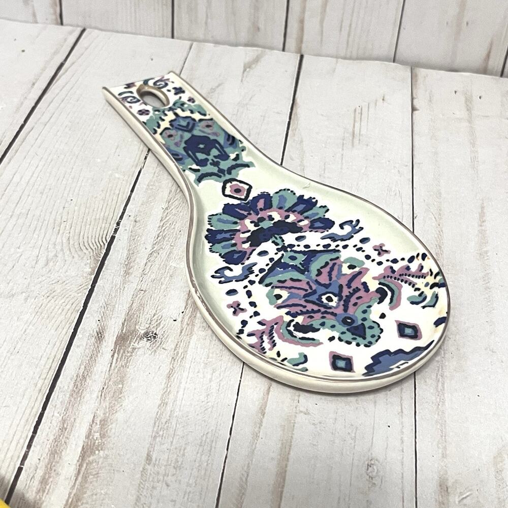 Anthropologie Lilia Spoon Rest Ceramic 8.5" Blue Pink Green Bohemian Pattern